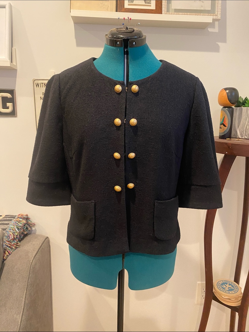 Ann Taylor Black Short-Sleeve Blazer with Gold Buttons
